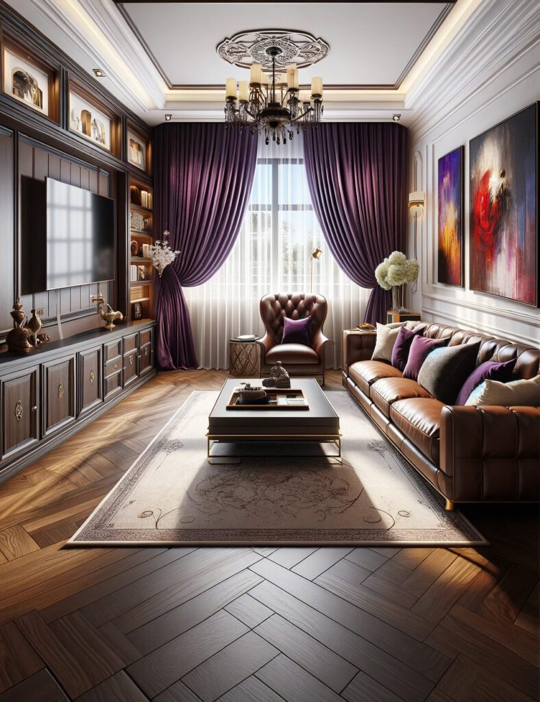 Living-Room-with-Brown-Furniture-and-Deep Purple Curtains