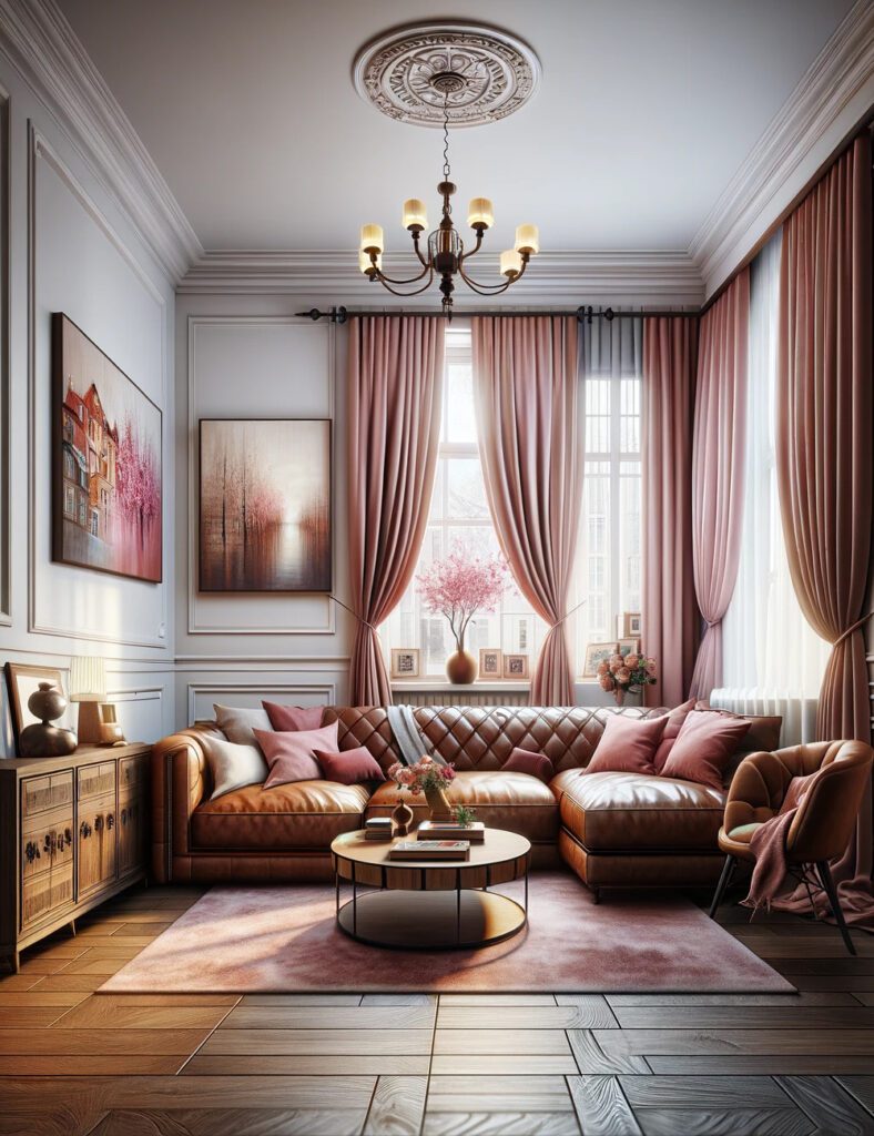 Living-Room-with-Brown-Furniture-and-Dusty Rose Curtains