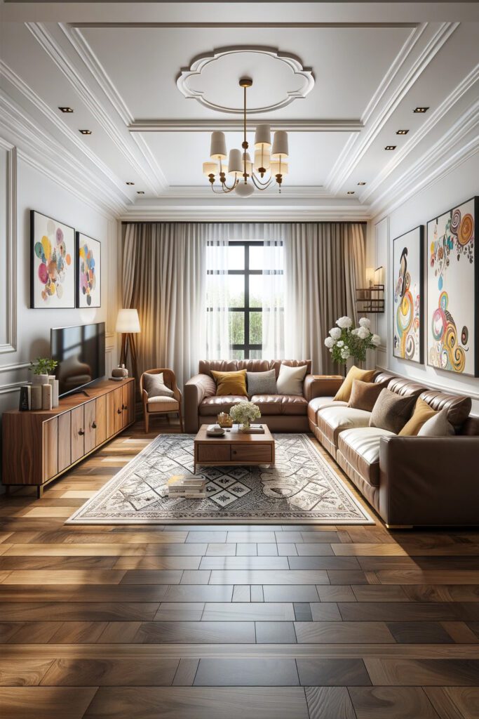 Living-Room-with-Brown-Furniture-and-Ivory Curtains