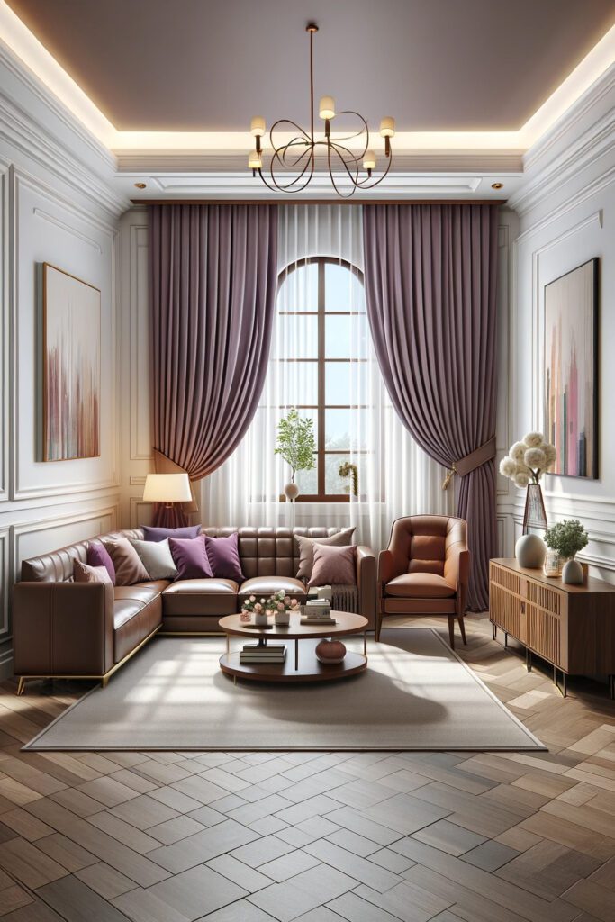 Living-Room-with-Brown-Furniture-and-Mauve Curtains