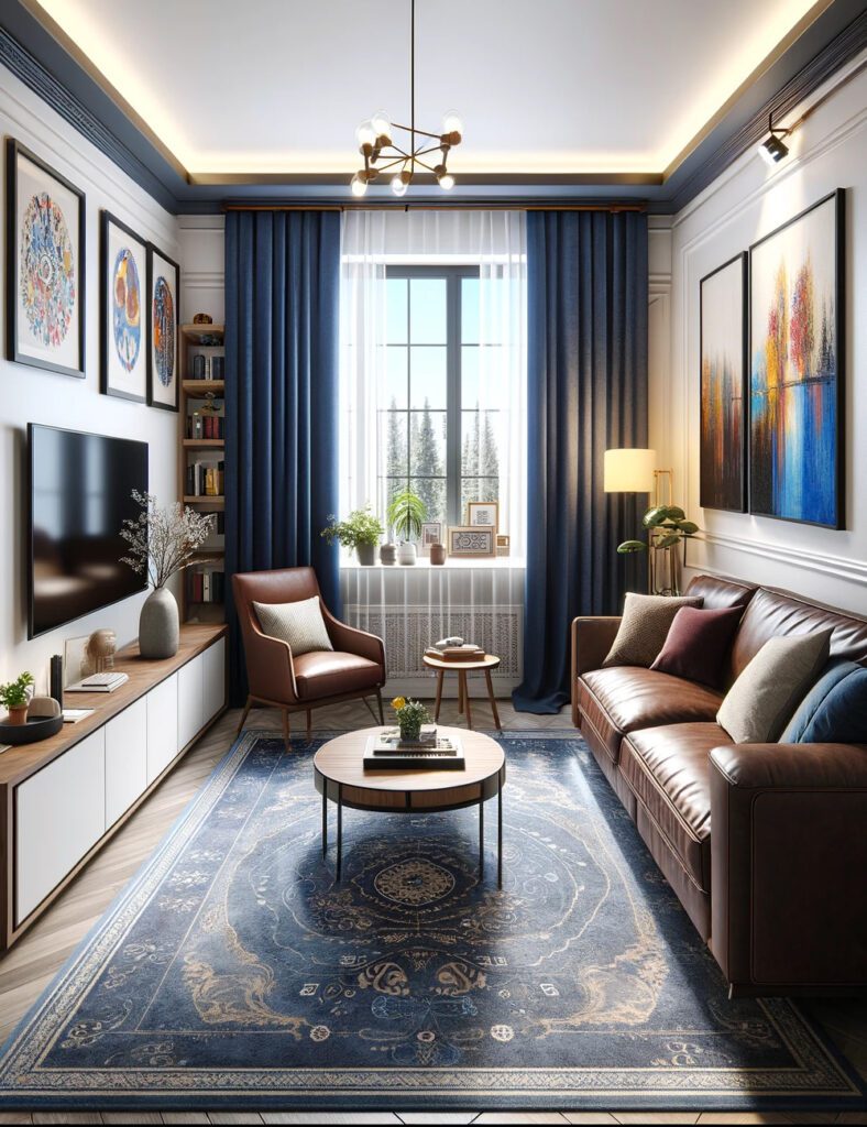 Living-Room-with-Brown-Furniture-and-Midnight Blue Curtains