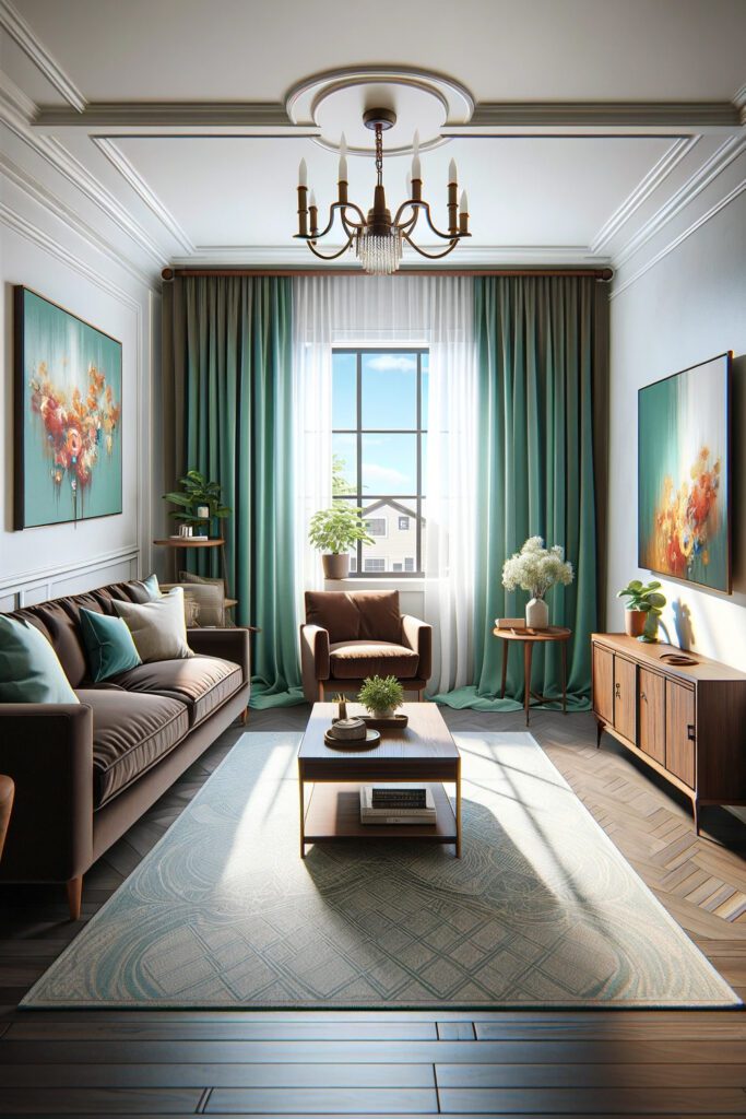 Living-Room-with-Brown-Furniture-and-Mint Green Curtains