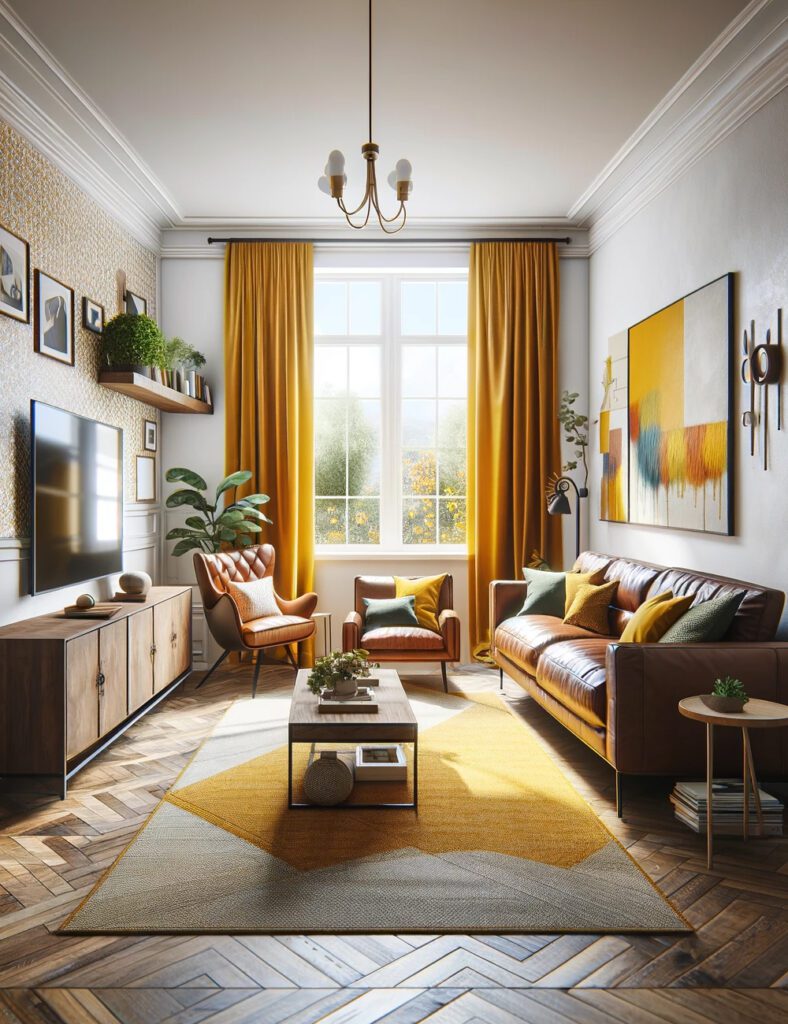 Living-Room-with-Brown-Furniture-and-Mustard Yellow Curtains