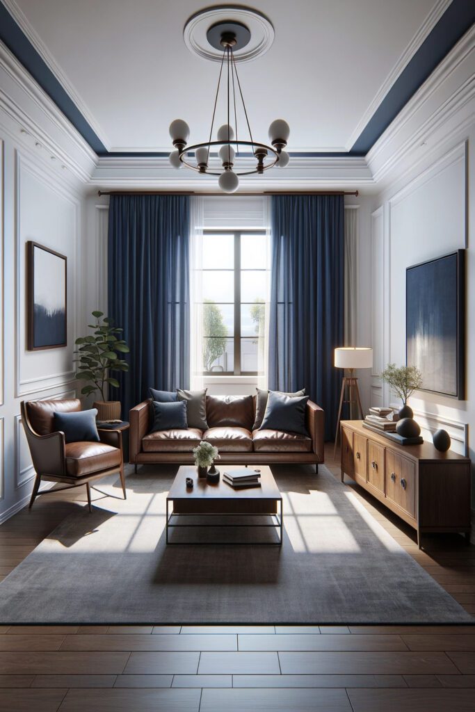 Living-Room-with-Brown-Furniture-and-Navy Blue Curtains