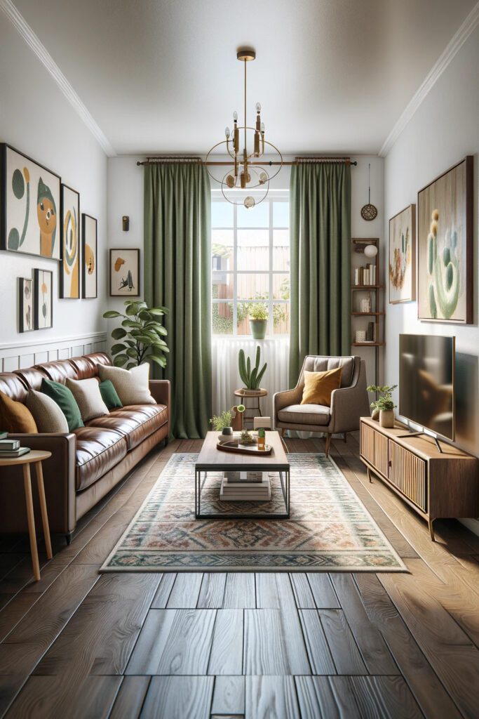 Living-Room-with-Brown-Furniture-and-Olive Green-Curtains