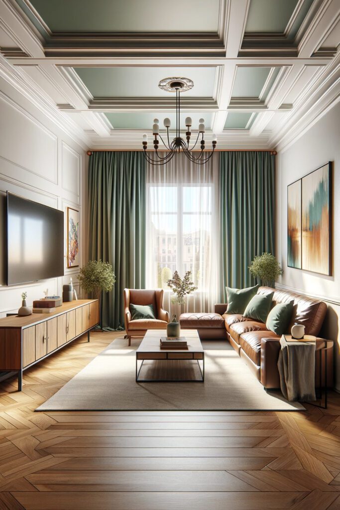 Living-Room-with-Brown-Furniture-and-Sage Green Curtains.