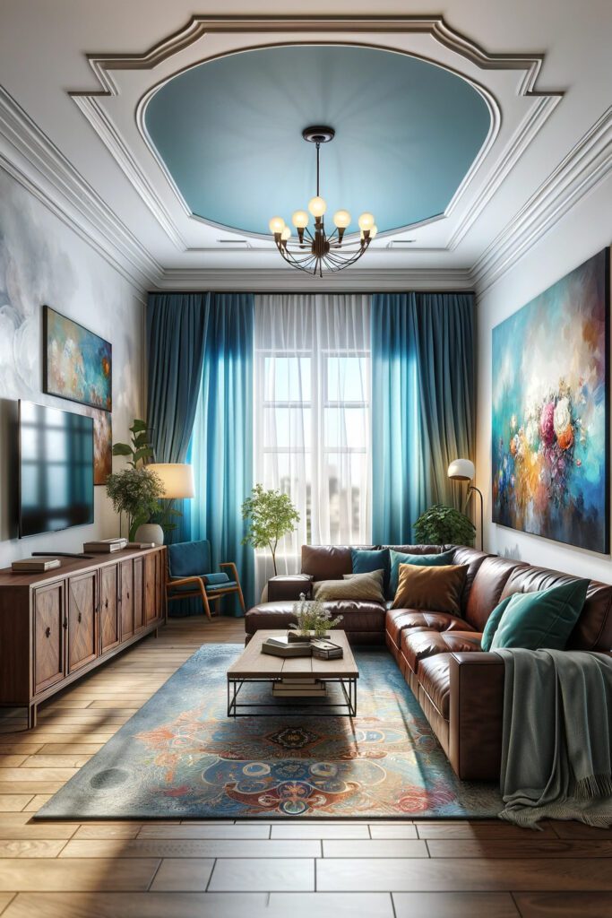 Living-Room-with-Brown-Furniture-and-Sky Blue Curtains