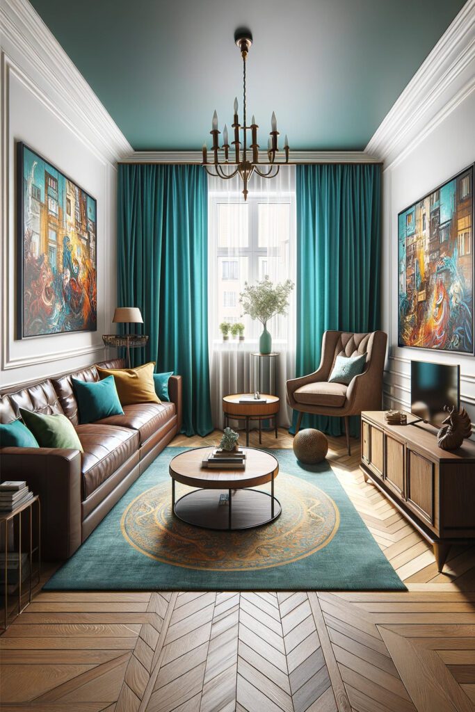 Living-Room-with-Brown-Furniture-and-Teal Curtains.
