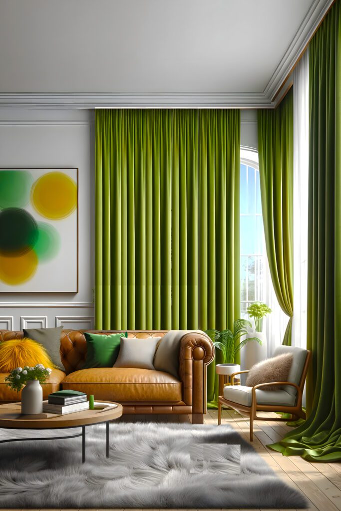 Living-Room-with-Chartreuse Green-Curtains