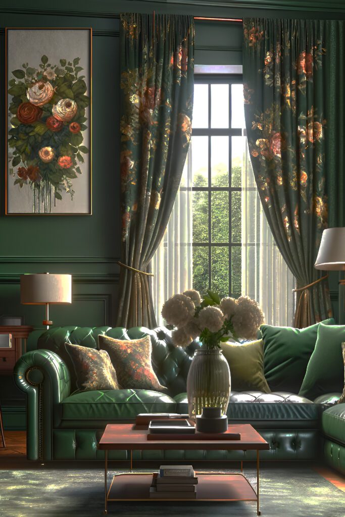 Living-Room-with Floral Green-Curtains