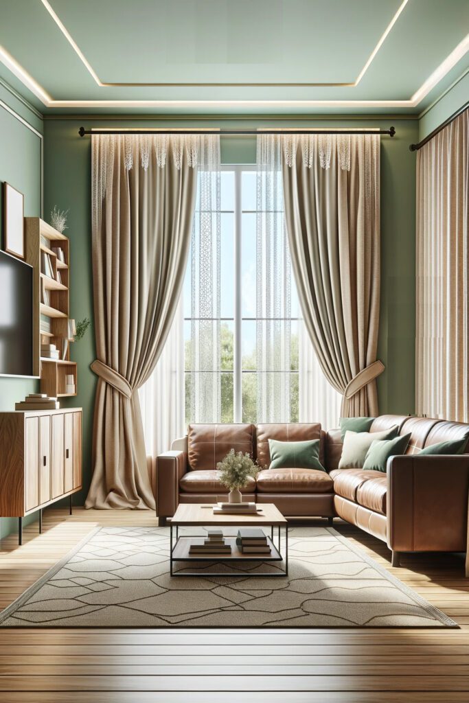 Living Room with Light Green Walls Cream Curtains and Brown Tan Furniture