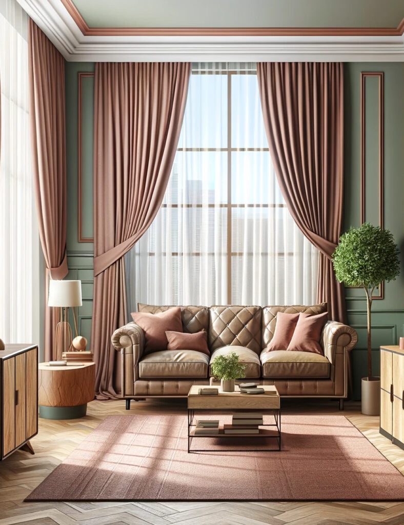Living-Room-with-Light-Green-Walls-Dusty Rose Curtains-Brown-Tan-Furniture