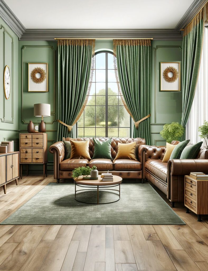 Living-Room-with-Light-Green-Walls-Moss Green Curtains-Brown-Tan-Furniture.