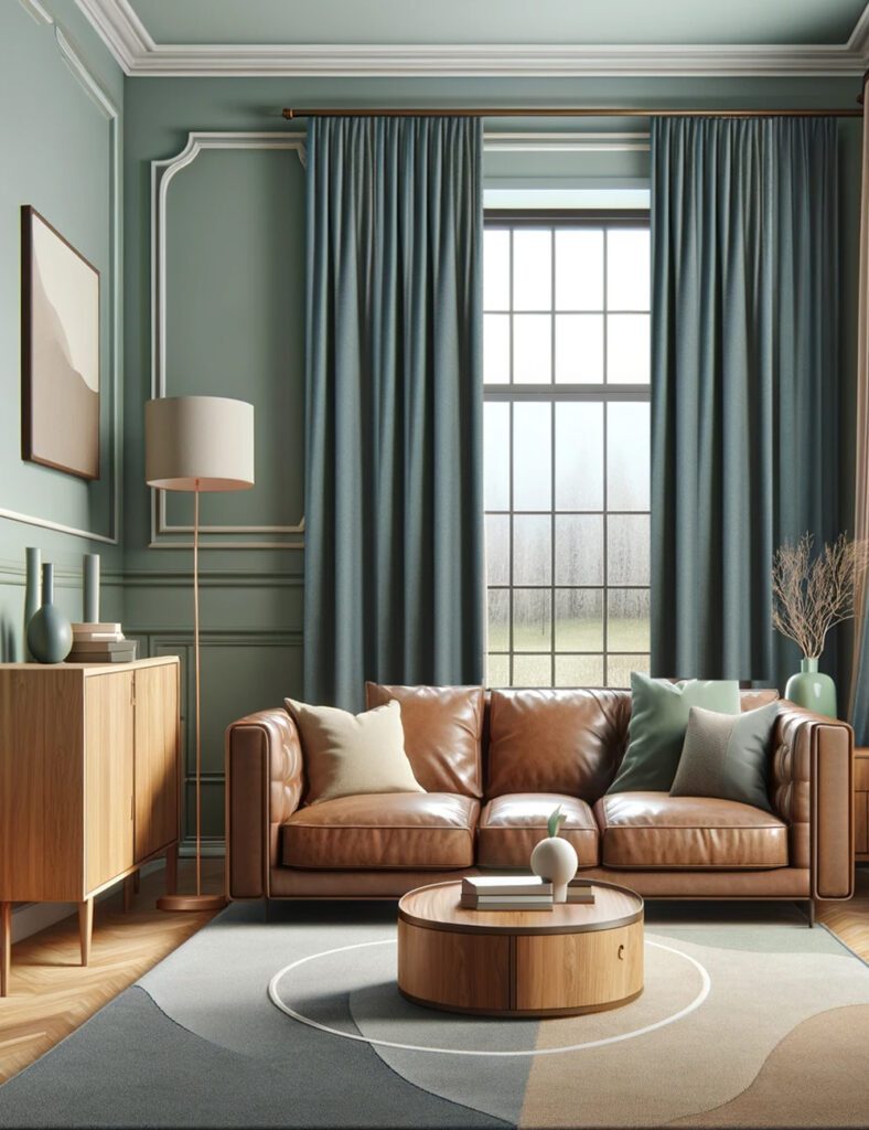 Living-Room-with-Light-Green-Walls-Muted Blue Curtains-Brown-Tan-Furniture