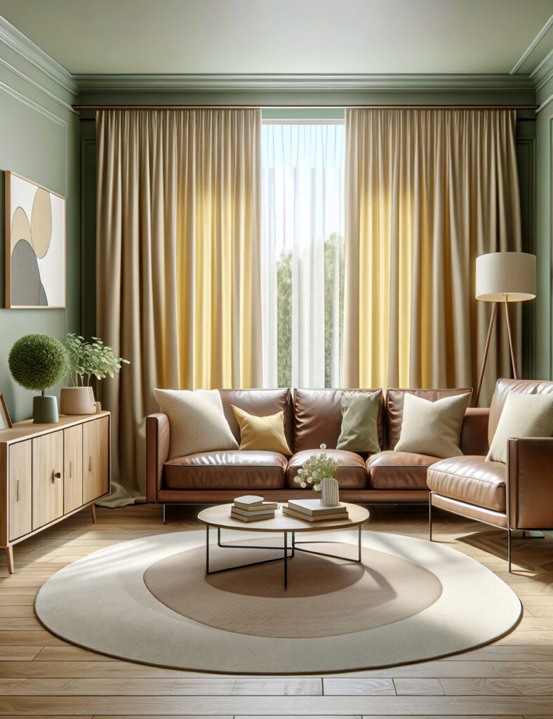 Living-Room-with-Light-Green-Walls Pale Yellow Curtains-Brown-Tan-Furniture