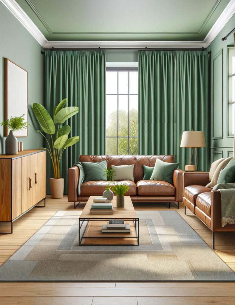 Living-Room-with-Light-Green-Walls-Sage Green Curtains-Brown-Tan-Furniture.j
