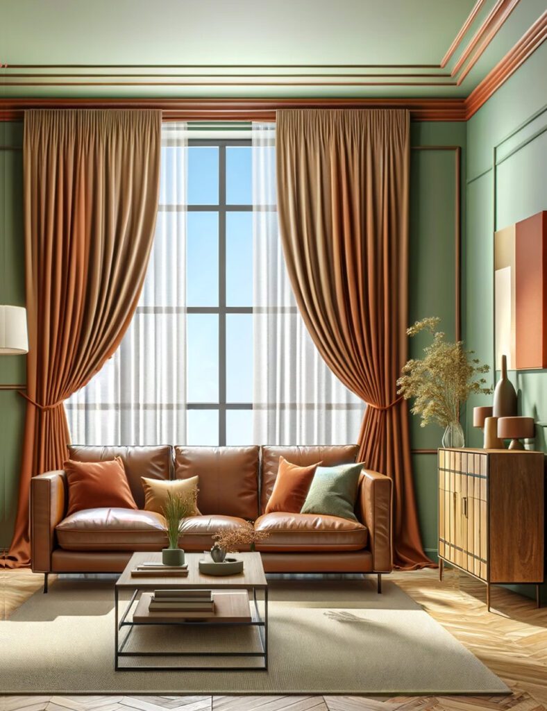 Living-Room-with-Light-Green-Walls-Terracotta Curtains Brown-Tan-Furniture