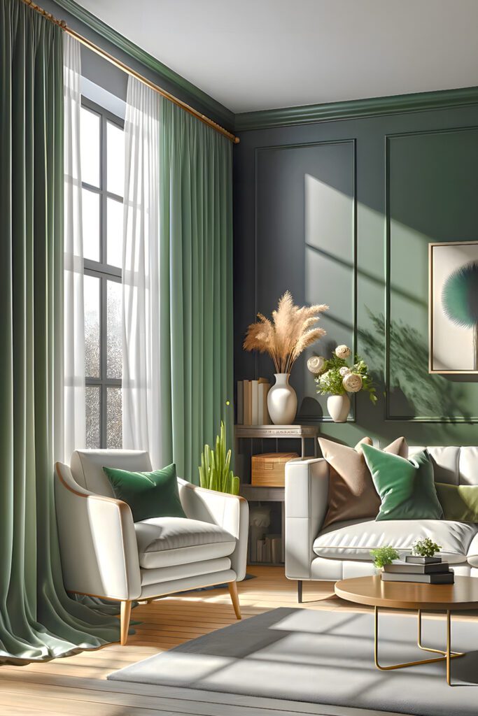 Living-Room-with-Light Pea Green-Curtains