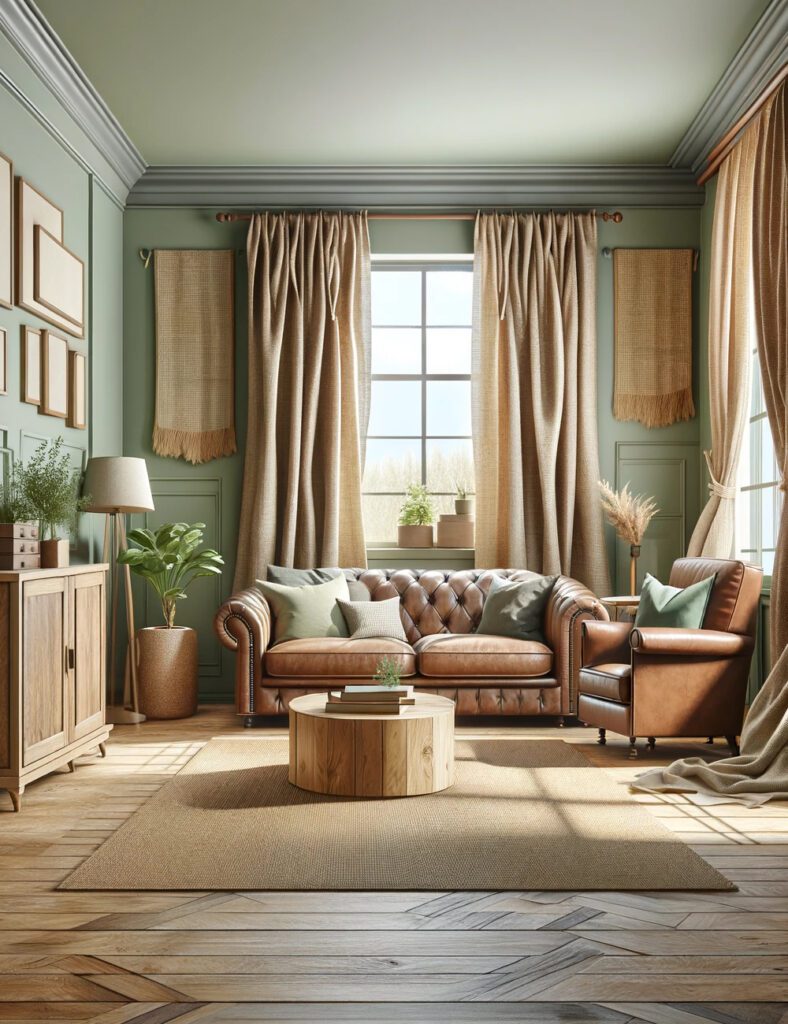 Living-Room-with-LightBurlap -Curtains-Brown-Tan-Furniture