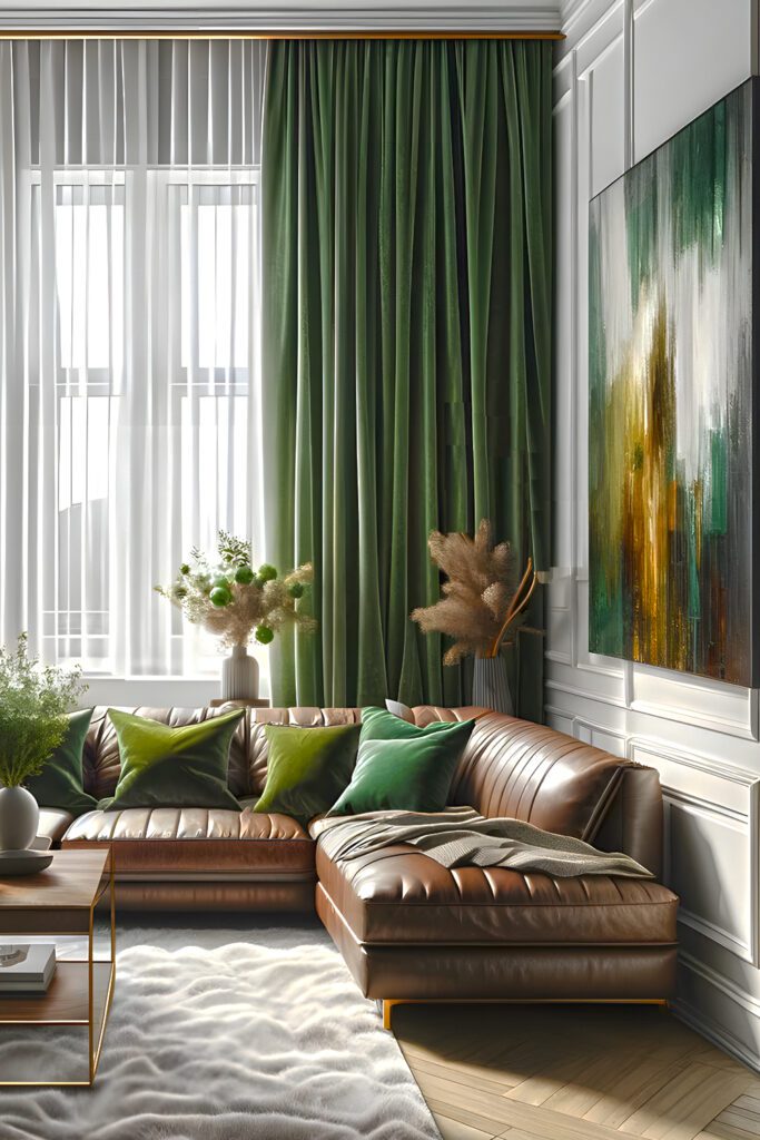 Living-Room-with-Moss Green-Curtains