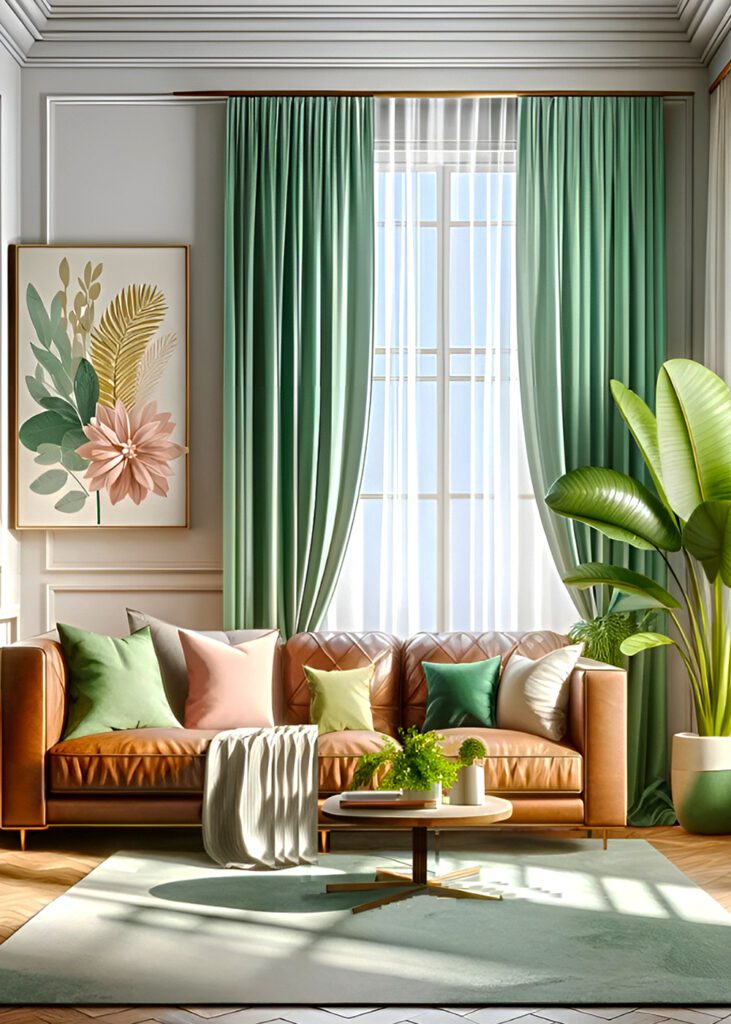Living-Room-with-Pastel -Green-Curtains