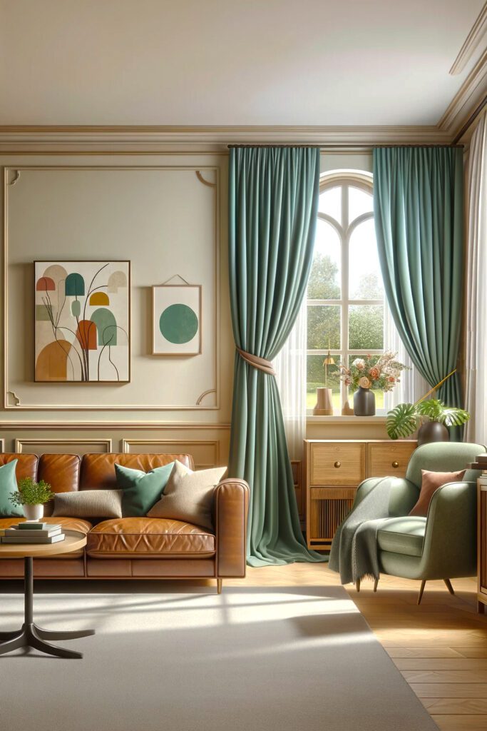 Living-Room-with-Pistachio Green-Curtains