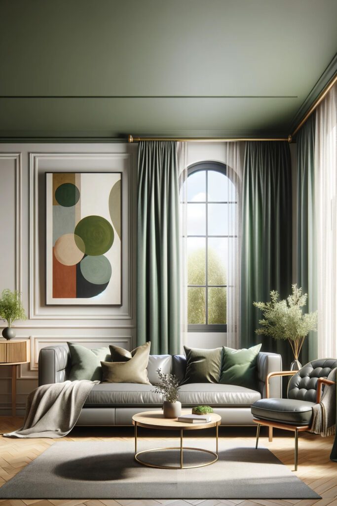 Living-Room-with-Sage Green-Curtains