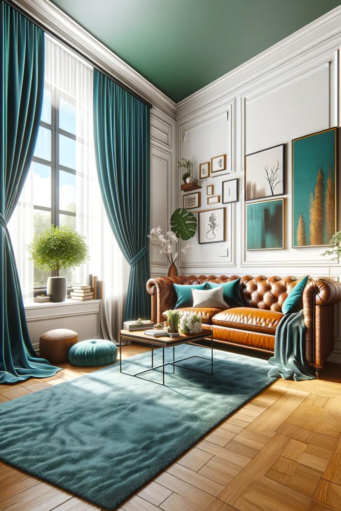 Living-Room-with-Teal Green-Curtains