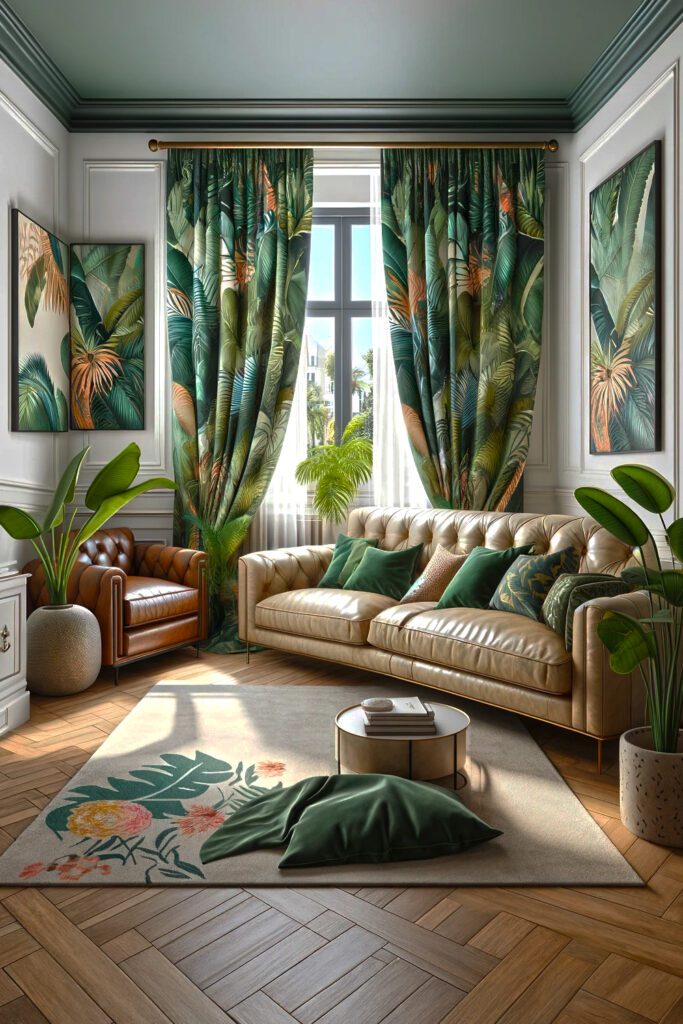 Living-Room-with-Tropical-patterned Curtains