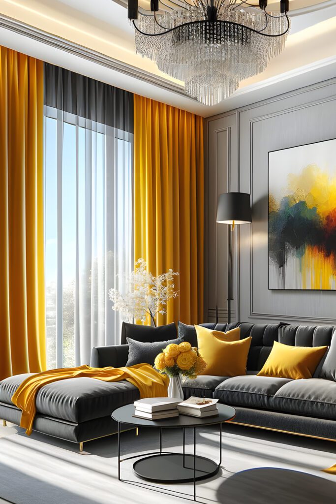 Mustard Yellow Curtains-With-Gray-Walls-and-Black-Furniture