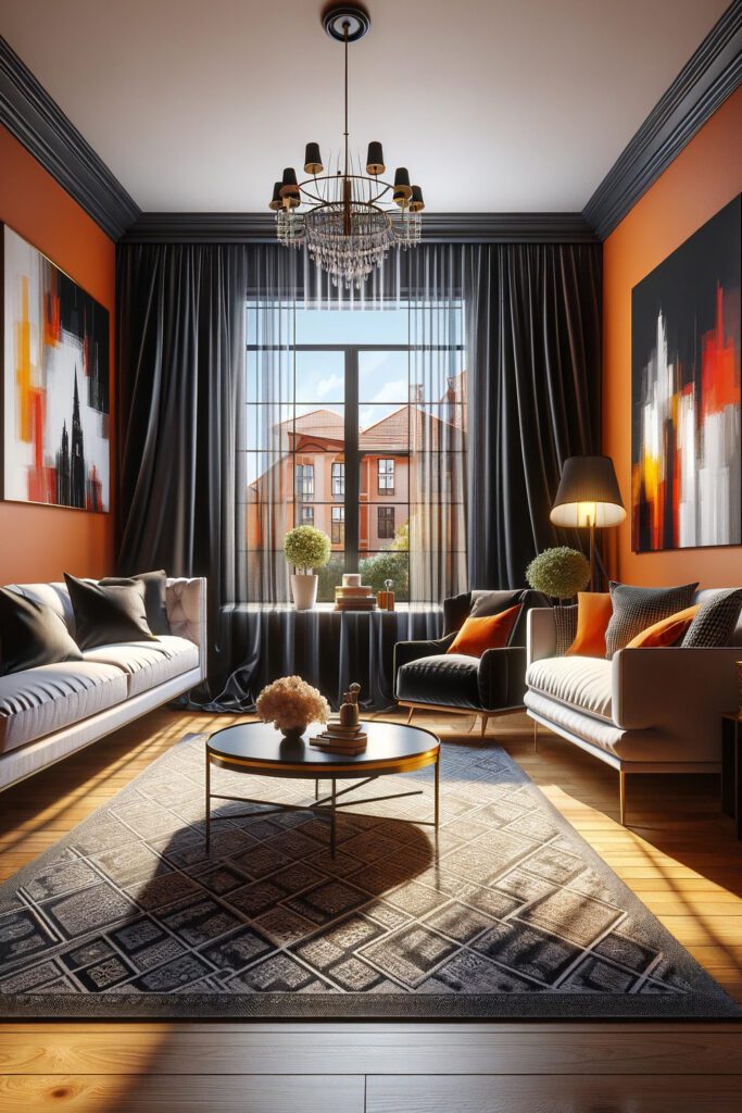Orange-Living-Room-Walls-with-Black curtains