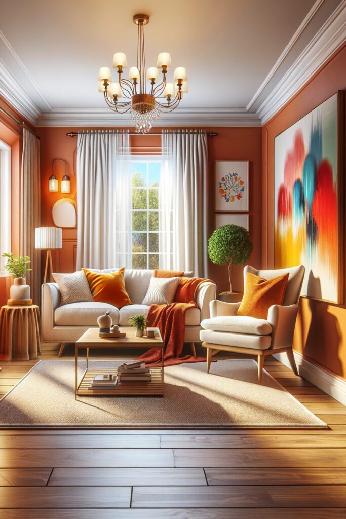 Orange-Living-Room-Walls-with Bright white curtains