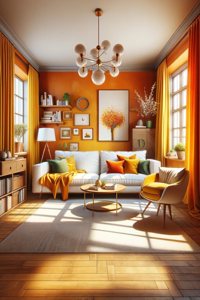 Orange-Living-Room-Walls-with-Golden yellow curtains