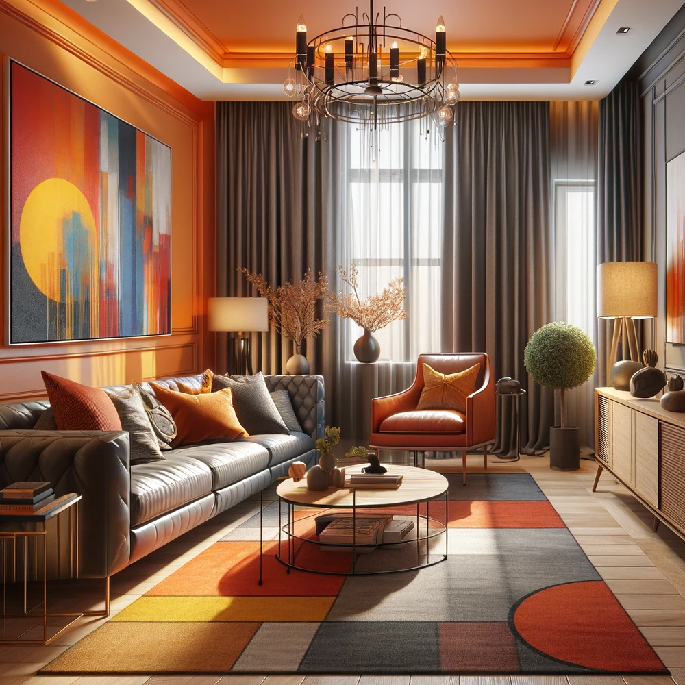 Orange-Living-Room-Walls-with-off-white-curtains
