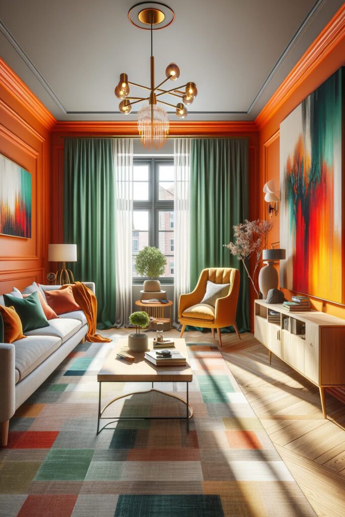 Orange-Living-Room-Walls-with Light Green-Curtains