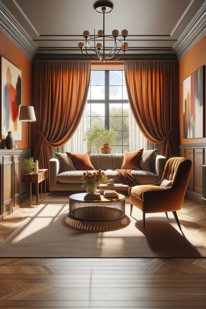 Orange-Living-Room-Walls-with-brown curtains