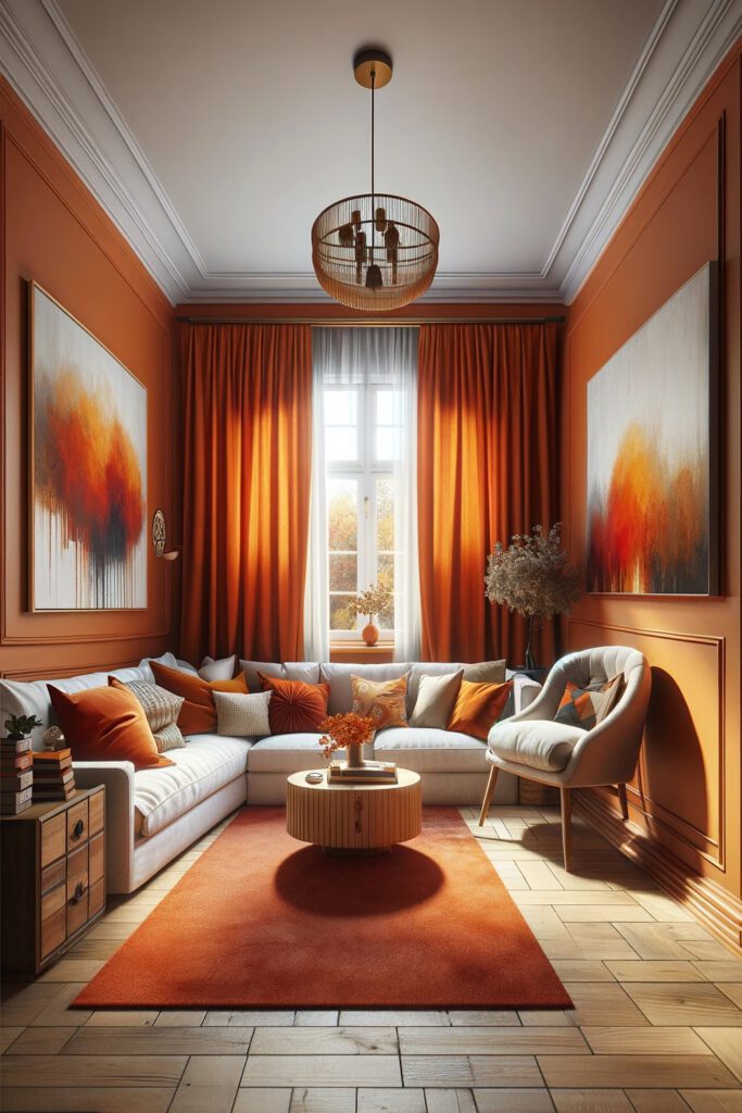 Orange-Living-Room-Walls-with-burnt orange curtains
