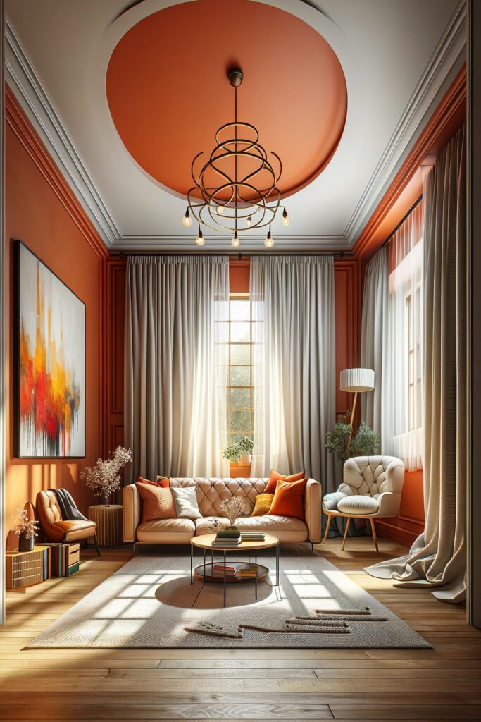 Orange-Living-Room-Walls-with-off-white curtains
