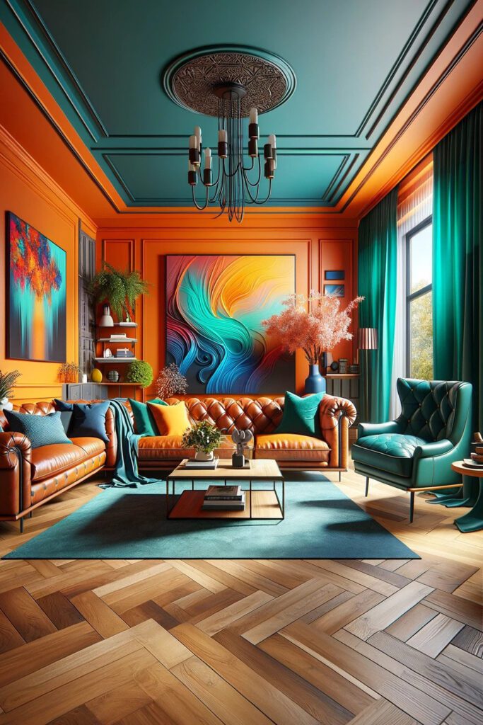 Orange-Living-Room-Walls-with-teal curtains