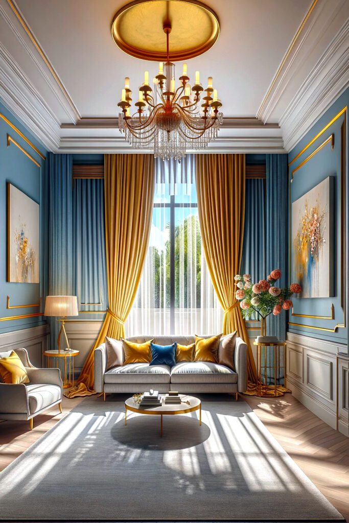 Pale Blue-Wall-Color-with-Gold-Curtains