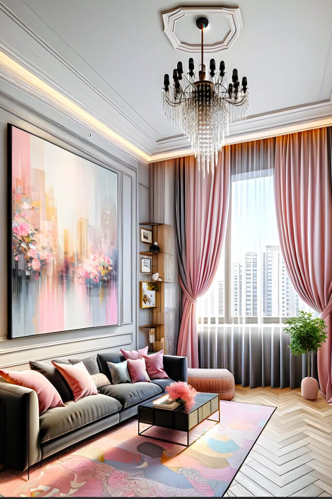 Pastel Pink Curtains-With-Gray-Walls-and-Black-Furniture