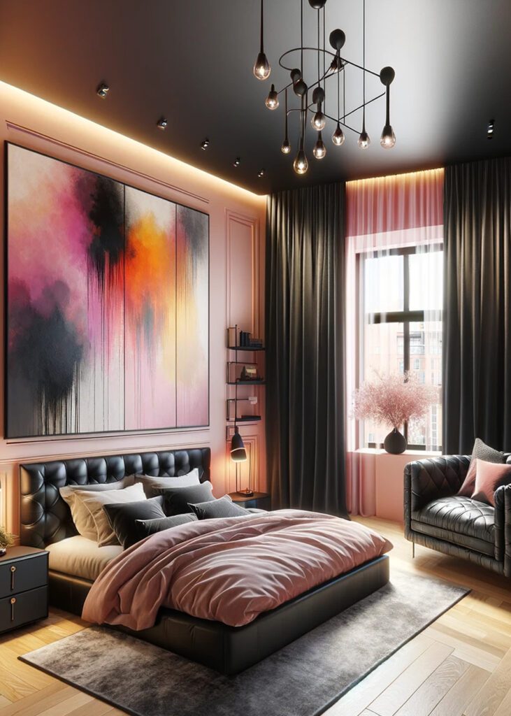 Pink-Bedroom-Walls-with-Black Curtains