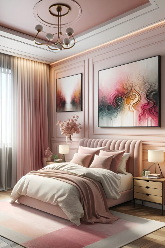 Pink-Bedroom-Walls-with-Blush Pink Curtains
