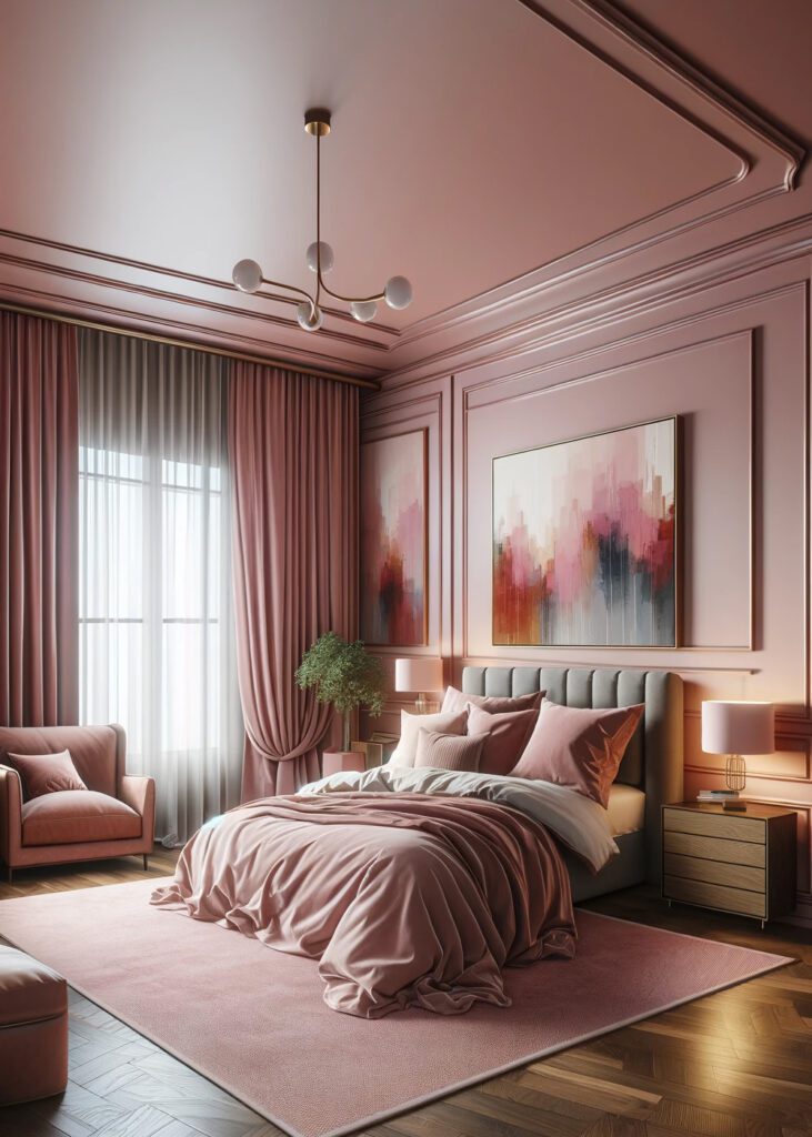 Pink-Bedroom-Walls-with-Dusty Rose Curtains