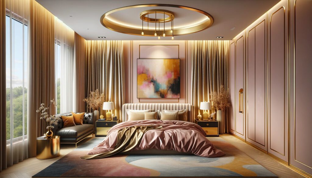 Pink-Bedroom-Walls-with Gold Curtains