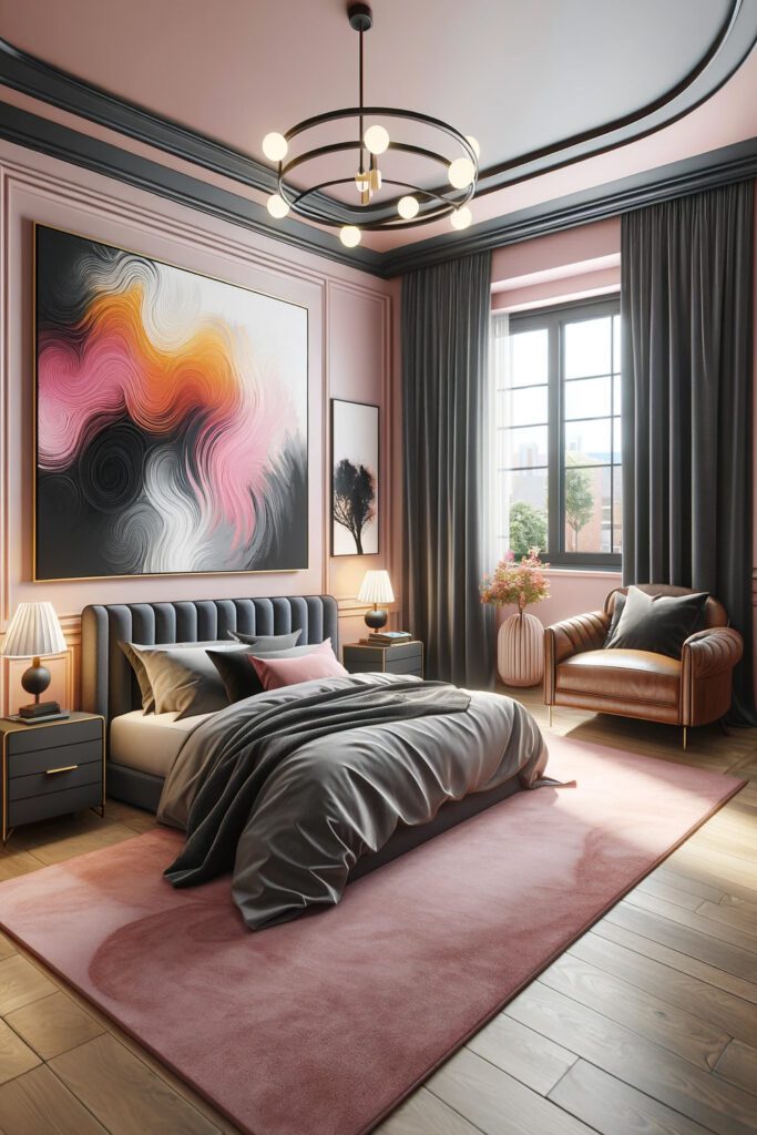 Pink-Bedroom-Walls-with-Gray Curtains