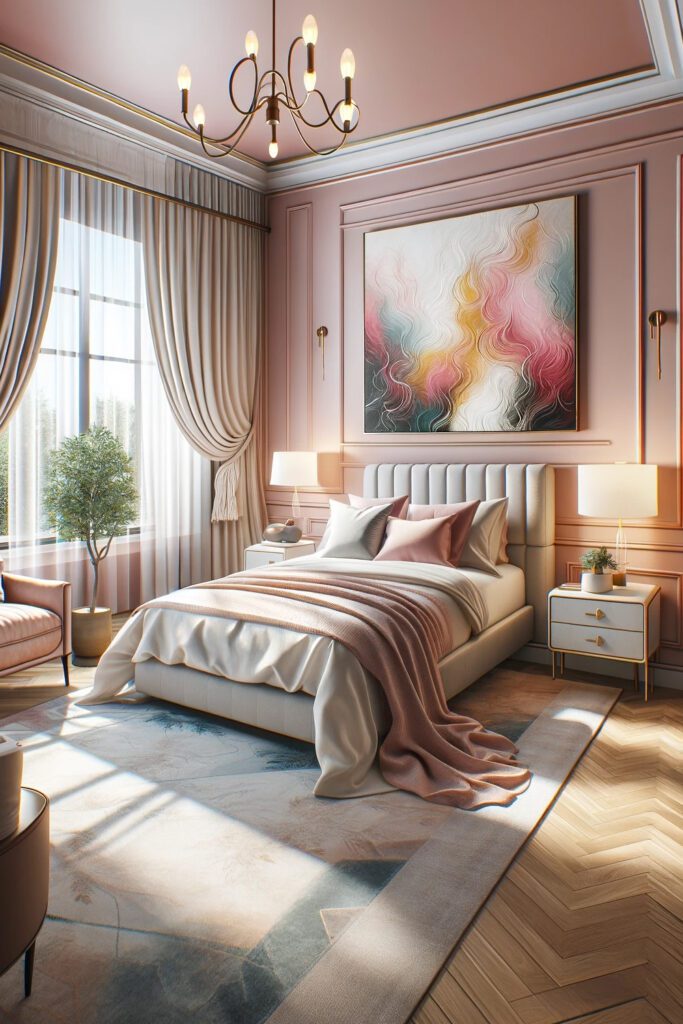 Pink-Bedroom-Walls-with-Ivory Curtains