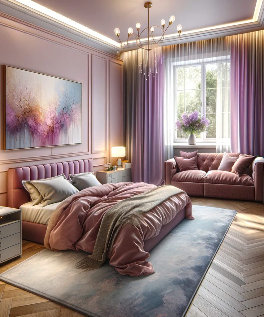Pink-Bedroom-Walls-with-Lavender Curtains