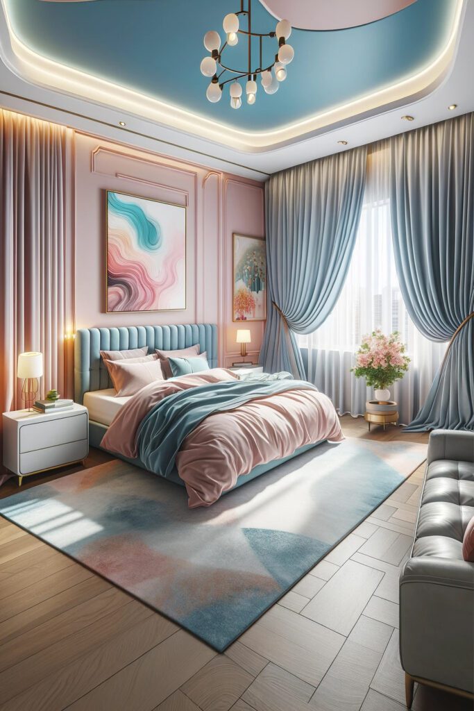 Pink-Bedroom-Walls-with-Light Blue Curtains