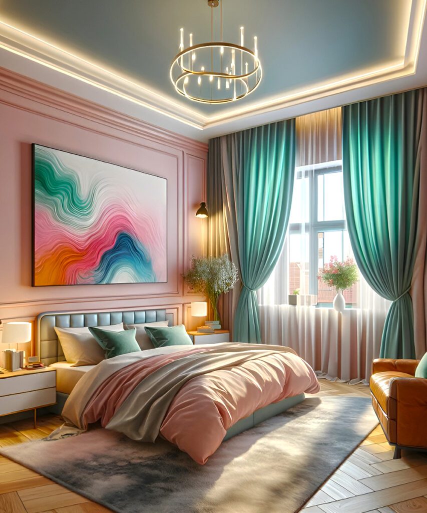 Pink-Bedroom-Walls-with-Mint Green Curtains